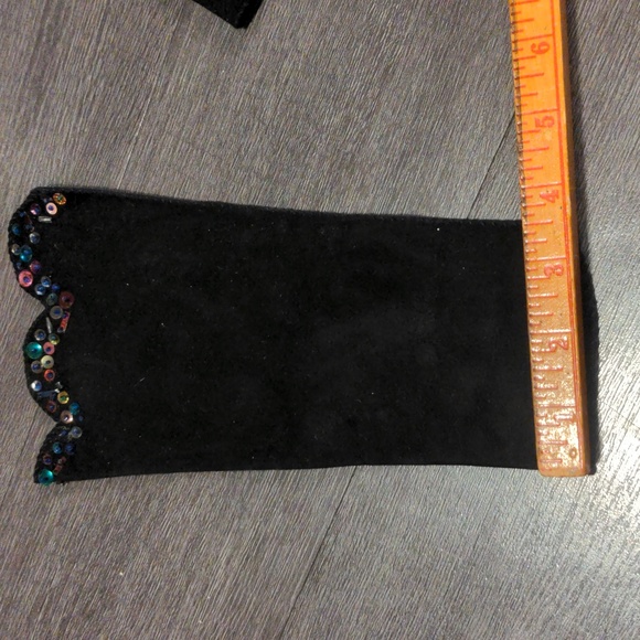 Black Suede Gloves Arm Sleeves Gauntlet Sequined Elegant 4pc Set Vintage SZ S - Picture 11 of 15